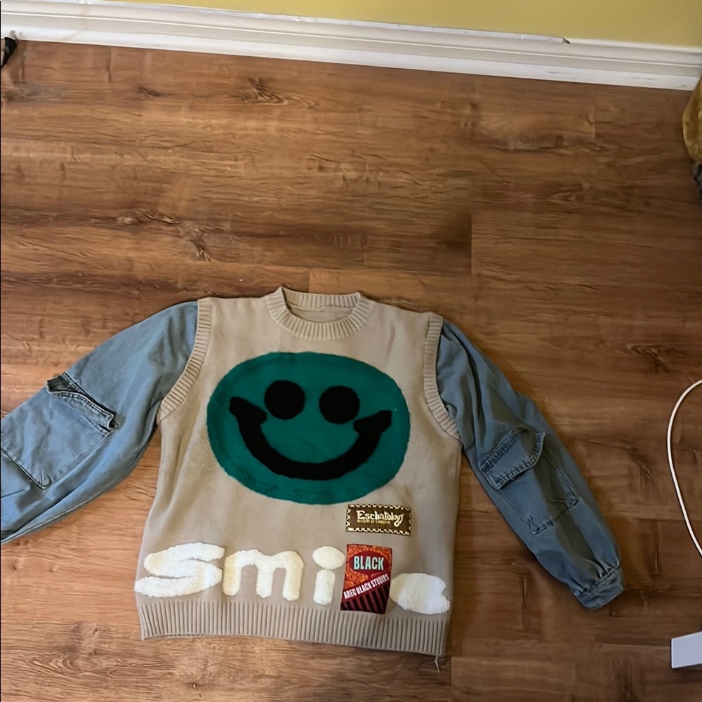 Beige and Blue Smiley Face Sweater